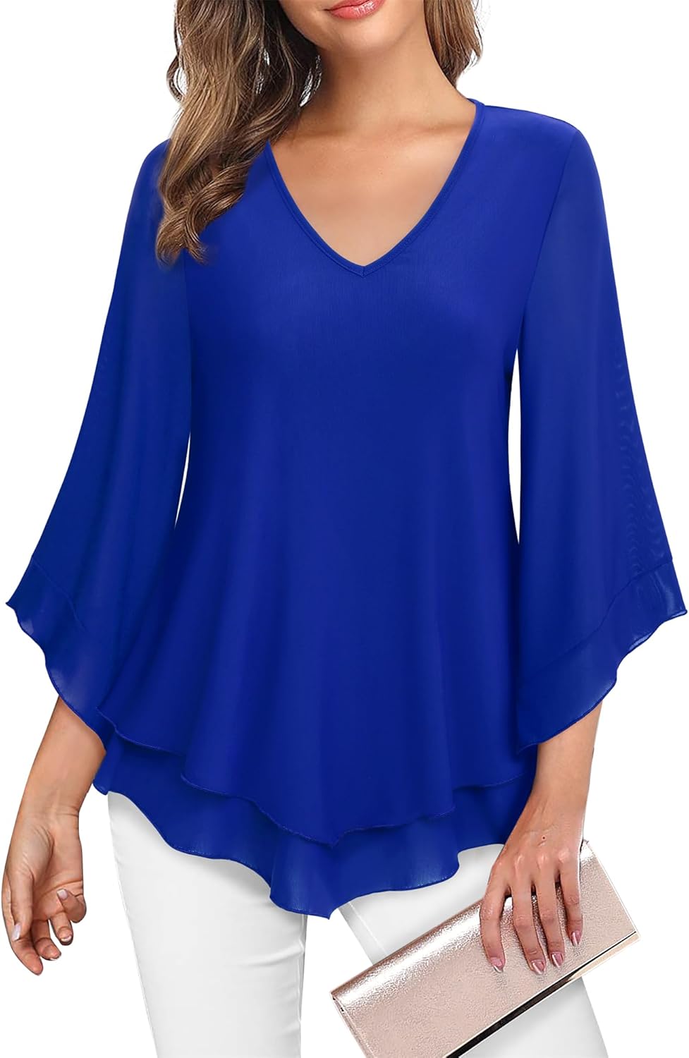 Lotusmile Womens Dressy Blouse Double Layers Mesh Shirt Ruffle 3/4 Flared Sleeve Tunic Tops
