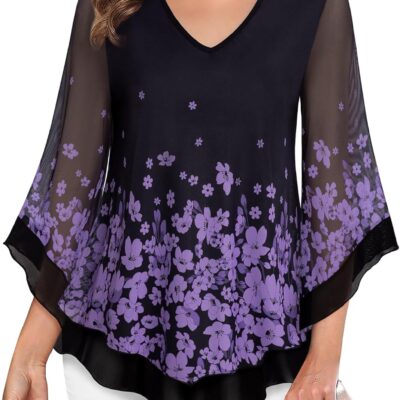 Lotusmile Womens Dressy Blouse Double Layers Mesh Shirt Ruffle 3/4 Flared Sleeve Tunic Tops