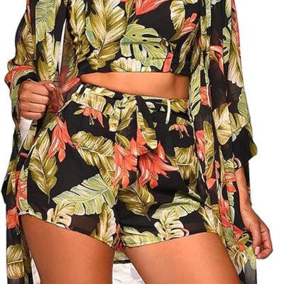 Women 3 Piece Outfits Set Floral Kimono Cardigans Cover Up Off Shoulder Crop Cami Top Short Suits