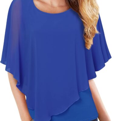 Lotusmile Women's Lightweight Flowy Shirt Double-Layered Printed Chiffon Poncho Blouse Top