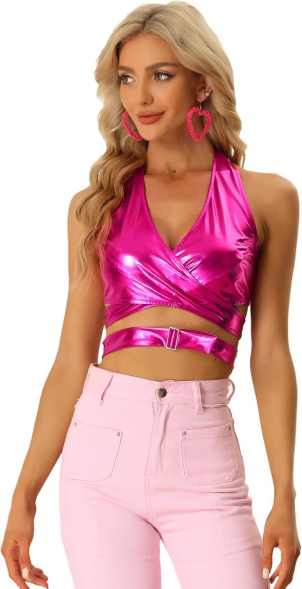 Allegra K Metallic Halter Neck Top for Women's Deep V Neck Backless Holographic Crop Tops