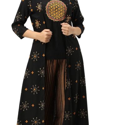 Women's Rayon Slub Embroidered Straight 3/4 Sleeve Round Neck Top Shrug Palazzo Set