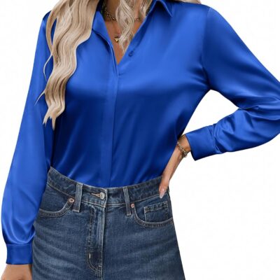 Zeagoo Satin Blouses for Women Casual Long Sleeve Button Down Silk Shirts Dressy Business Work Tunic Top
