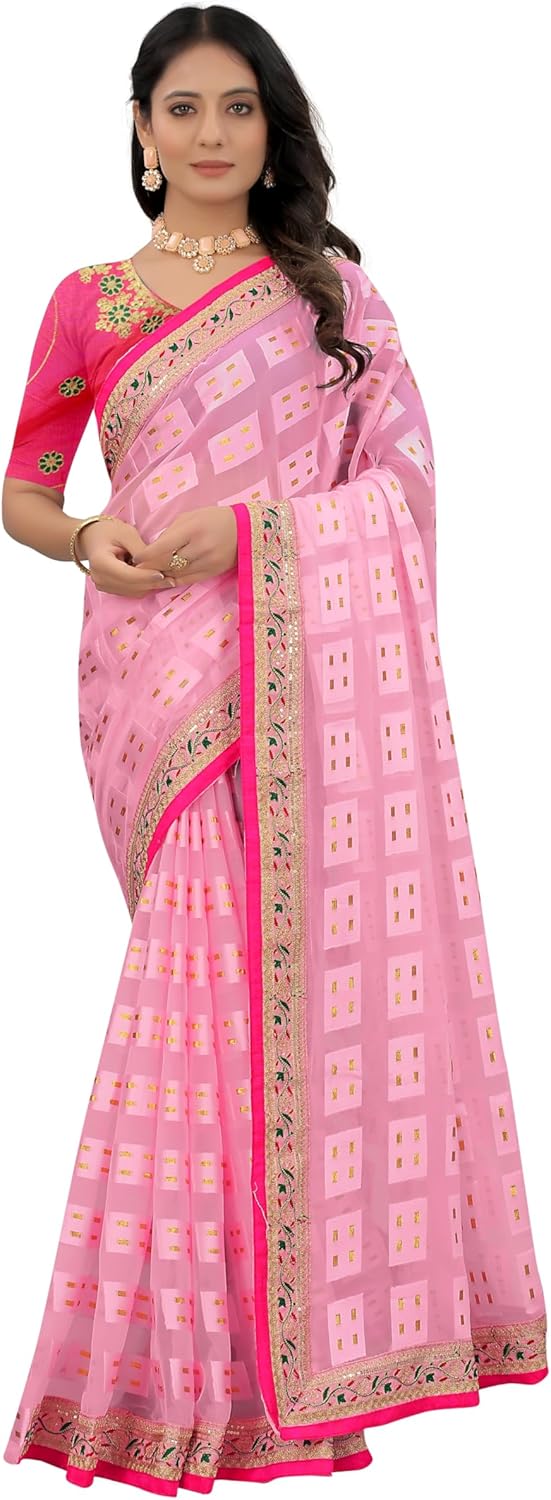 Womens Embroidery Sequence Work Fancy Saree With Stitched blouse