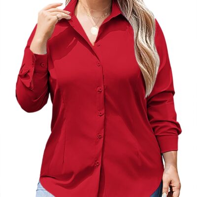 IN'VOLAND Women's Plus Size Button Down Shirts Long Sleeve Collared Casual Shirt Office Work Blouse Tops