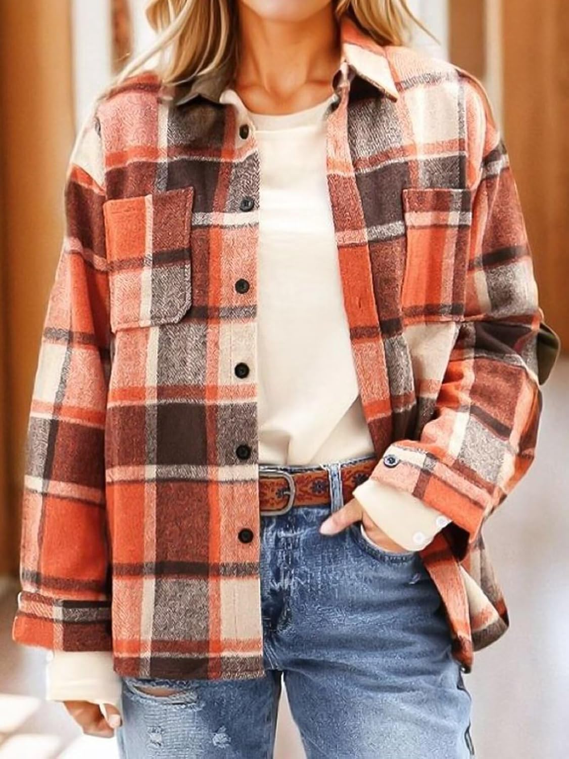 Flamingals Womens Flannel Shirts Long Sleeve Shirts Plaid Button Down Jacket Casual Business Fashion Blouse Tops - Image 3