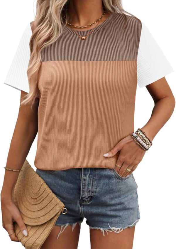Zeagoo Womens Casual Shirts Color Block Tops Short Sleeve T Shirts Crewneck Knitted Summer Loose Blouses Tops - Image 3
