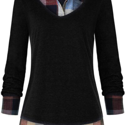 Oyamiki Women's Casual Collared Curved Hem 2 in 1 Pullover Tops Plaid Contrast Shirt Blouse