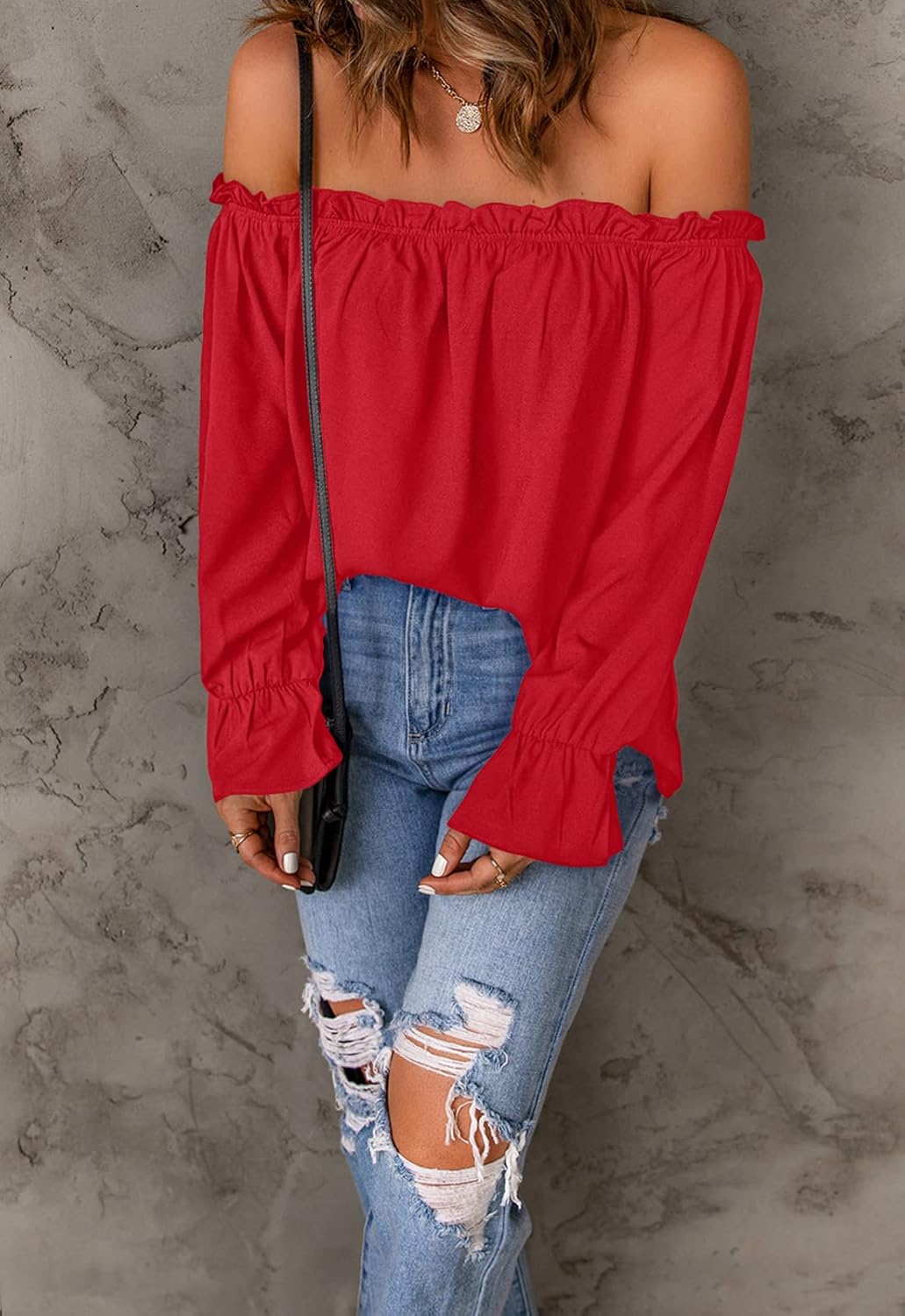 Women's Off Shoulder Top Ruffle Long Sleeve Chiffon Blouse Casual Loose Shirts - Image 2