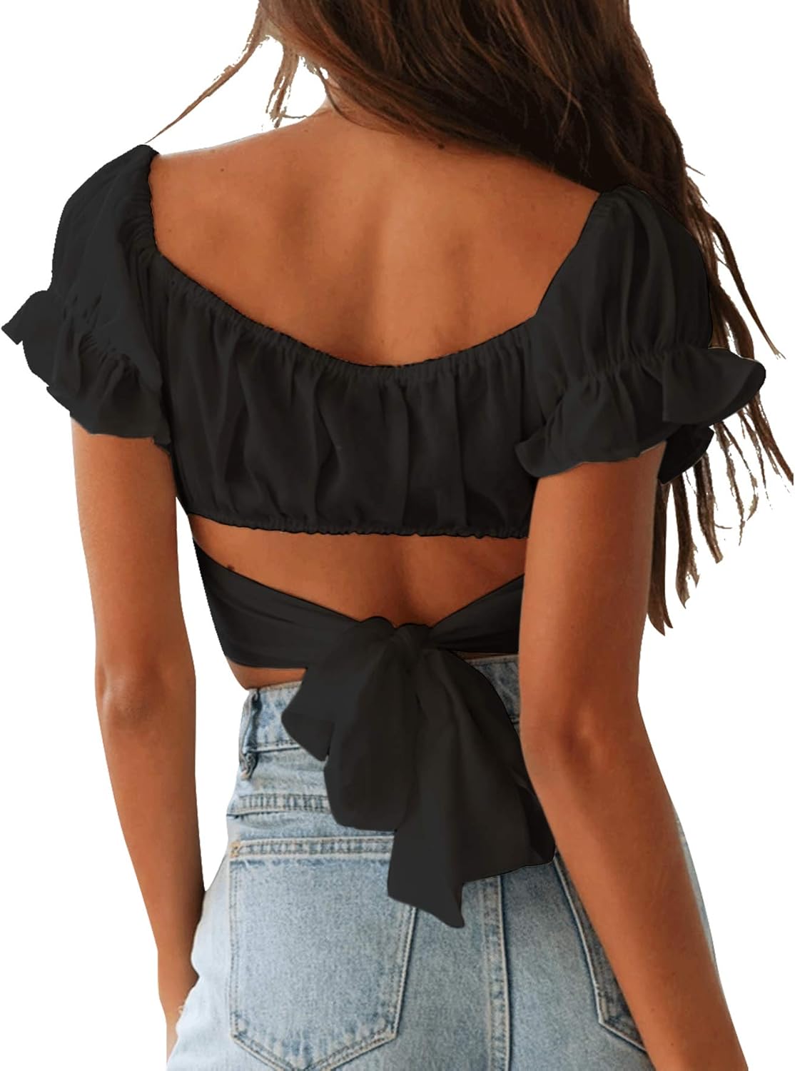 LYANER Women's Ruffle Short Sleeve Tie Up Back Crop Top Off Shoulder Bardot Blouse - Image 2