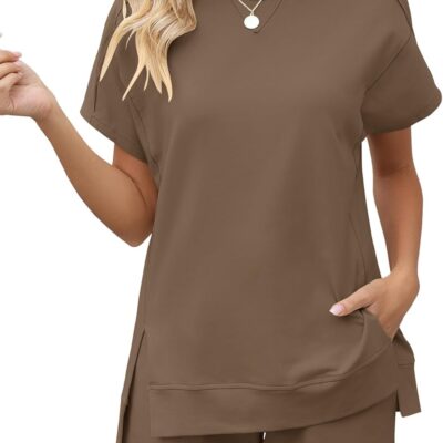 LOMON Womens Fashion 2 Piece Outfits Sweatsuits 2025 Summer Short Sleeve Loungewear Tracksuit Round Neck Lounge Shorts Sets