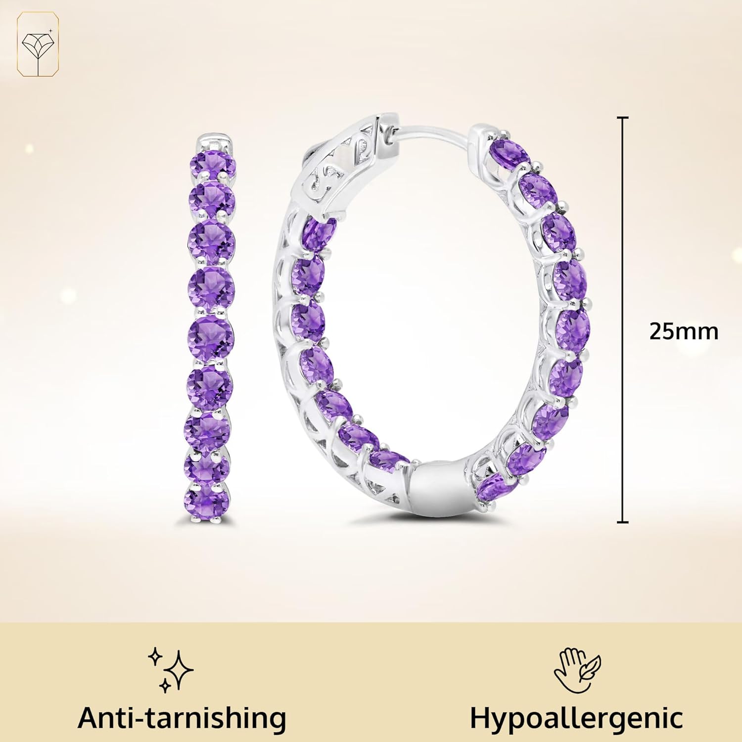 Gemstone Inside Out Hoop Earrings for Women in 925 Sterling Silver 1 Inch Diameter and 3mm Birthstone with Notched Post with Lock by MAX + STONE - Image 3