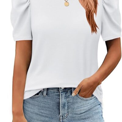Zeagoo Blouse for Women Dressy Casual Puff Short Sleeve Boho Tops Fashion Floral Crew Neck Tunic Shirts Summer Clothes