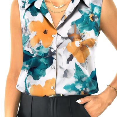 HOTOUCH Womens Sleeveless Button Down Shirt Tops V Neck Business Casual Collared Blouses Tank Top