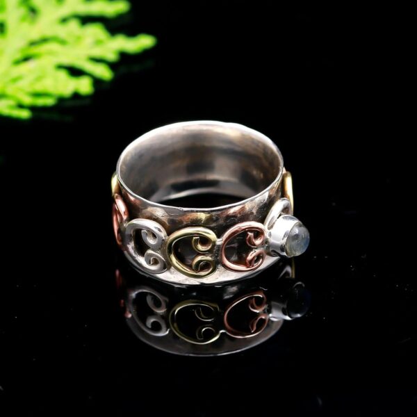 925 Solid Silver Designer Spinner Ring | Natural Labradorite Three Tone Silver Band Handmade Fidget Spinner Anxiety Thumb Ring Handcrafted Boho Style Jewelry - Image 3