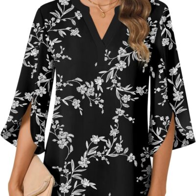 Anyally Women's Chiffon Blouses 3/4 Sleeve Summer Dressy Tunic Tops Casual Loose V Neck T-Shirts