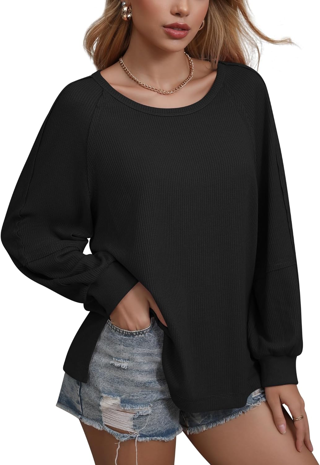Womens Waffle Tunic Tops Puff Long Sleeve Shirt Loose Fit Casual Pullover Sweatshirt