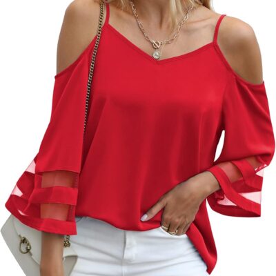 Jouica Women‘s Summer Cold Shoulder Tops Mesh Panel 3/4 Bell Sleeve Tees Adjustable Spaghetti Strap Loose Fit Shirts