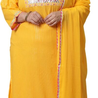 Rajnandini Women's Yellow Pure Cotton Lurex Embroidered Kurta Set With Dupatta (JOPLVL259X-P)