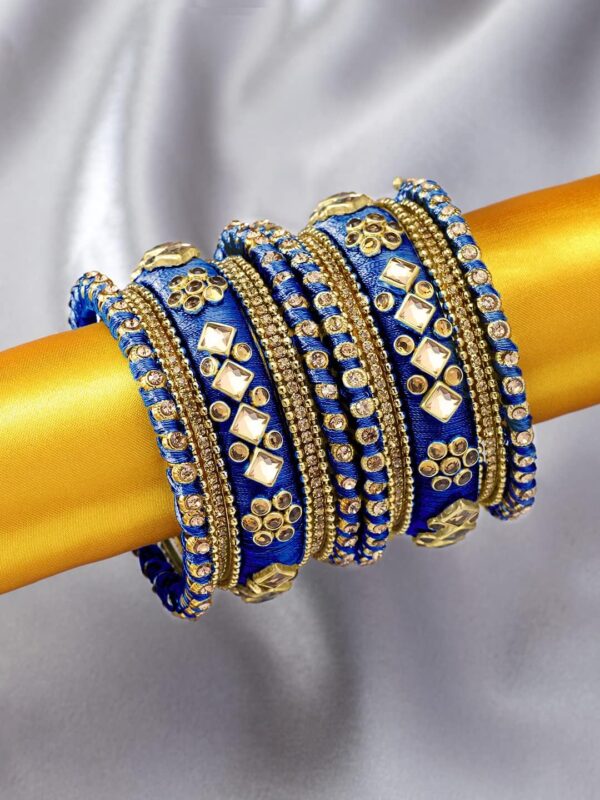Aheli Ethnic Handmade Silk Thread Faux Stone Studded Bangle Set Bracelet Chudha Indian Wedding Festive Wear Fashion Jewelry Gift for Women Blue - Image 3
