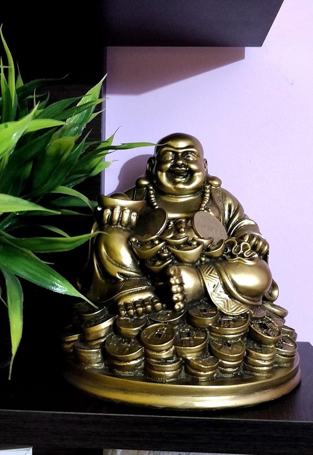 Petrichor Handmade Laughing Buddha Sitting on Lucky Money Coins Carrying Golden Ingot for Feng Shui Good Luck & Happiness (5 inch) - Image 4