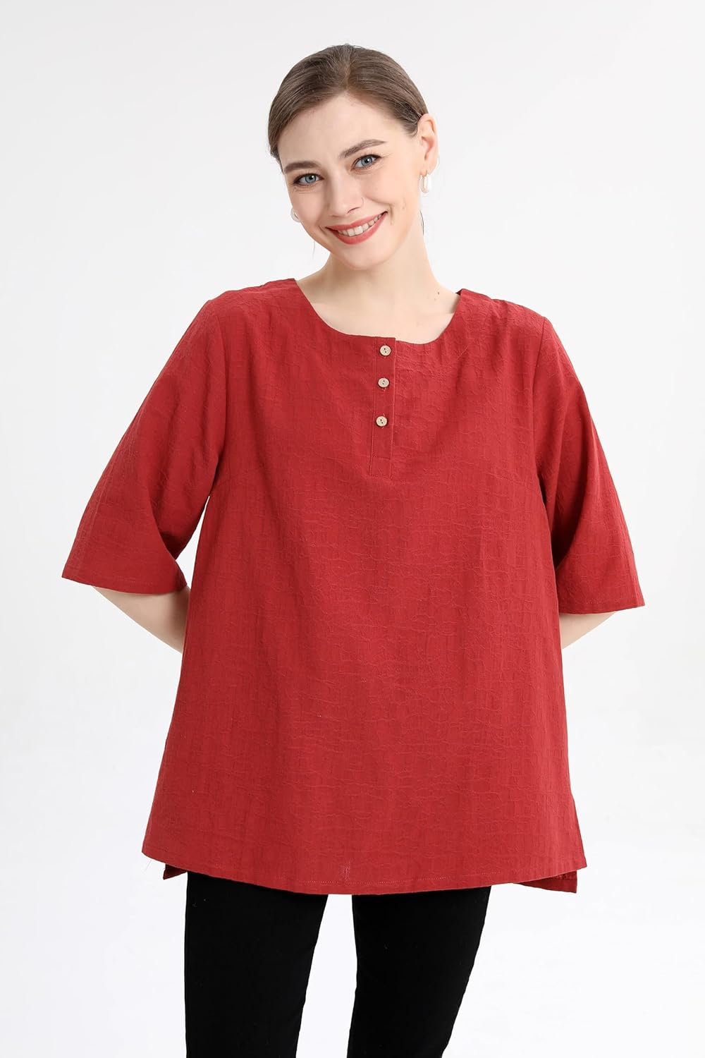 Minibee Women's 3/4 Sleeve Cotton Linen Jacquard Blouses Top T-Shirt - Image 2