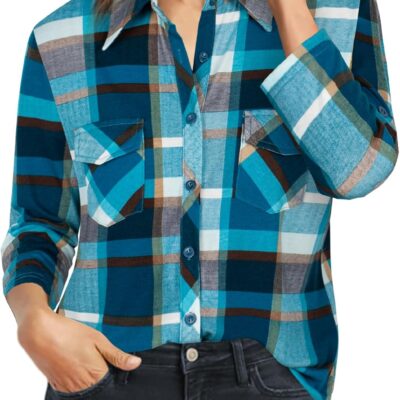 Ninedaily Women's Plaid Shirt Collared Button Down Blouse 3/4 Sleeve Tunic Tops