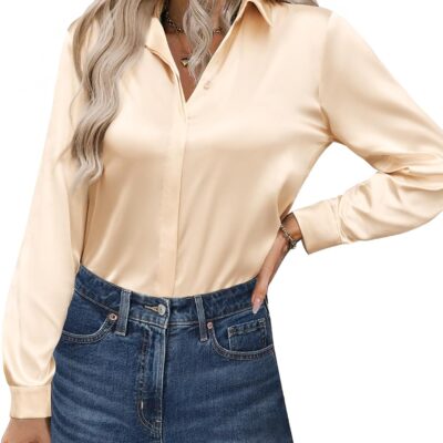 Zeagoo Satin Blouses for Women Casual Long Sleeve Button Down Silk Shirts Dressy Business Work Tunic Top