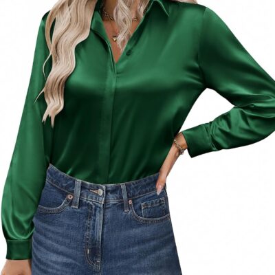 Zeagoo Satin Blouses for Women Casual Long Sleeve Button Down Silk Shirts Dressy Business Work Tunic Top