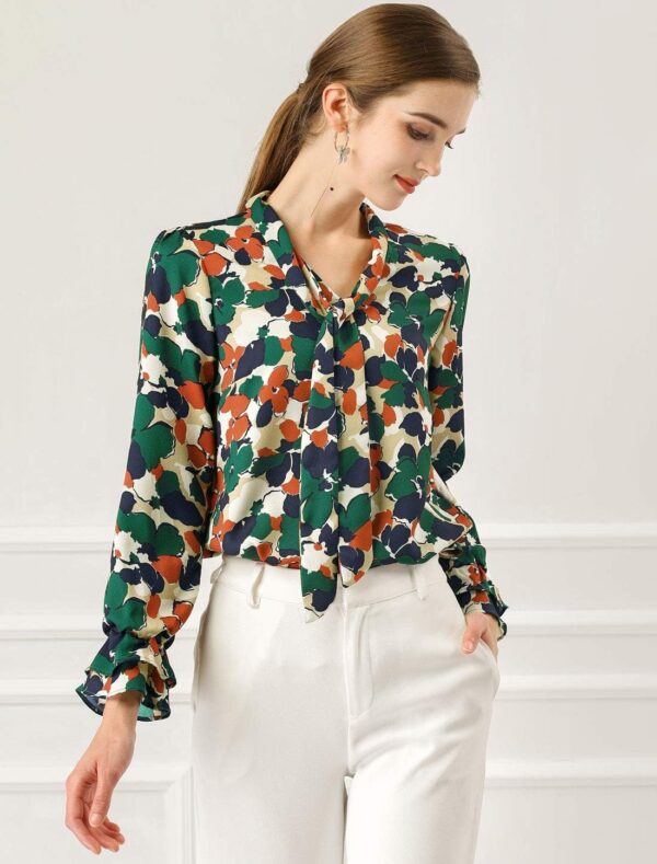 Allegra K Women's Long Sleeve Blouse Floral Tie Neck Chiffon Ruffle Trumpet Top - Image 3