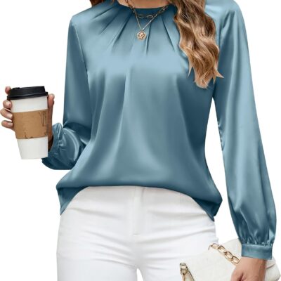 Blooming Jelly Womens Dressy Business Casual Blouse Pleated Long Sleeve Tops Satin Silk Work Shirt Fall Outfits 2024