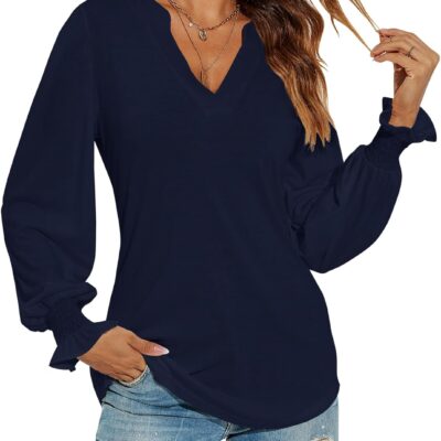 Romanstii Women's Casual V-Neck T-Shirts Loose Puff Long Sleeve Tops Tunic Blouses