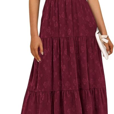 PRETTYGARDEN Women's Summer Casual Midi Dresses Square Neck Short Sleeve Smocked A Line Floral Flowy Elegant Boho Dress