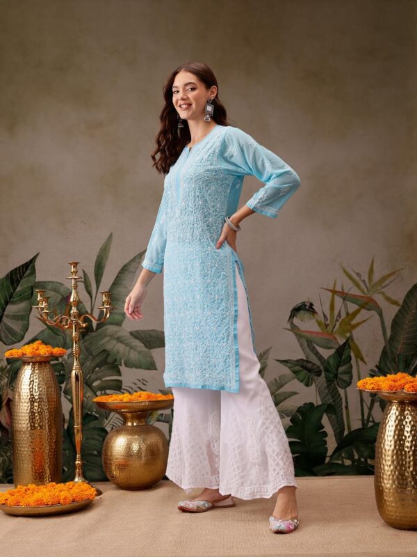 Ada Indian Hand Embroidered Chikankari Ethnic Wear Georgette Kurta Kurti Tunic for Women A95504 - Image 4