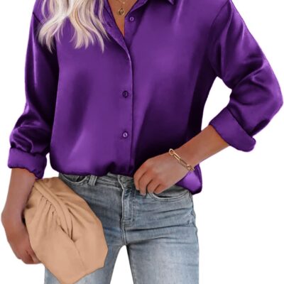 Chigant Women's Blouse Satin Silk Shirts Button Down Shirts Casual Loose Long Sleeve Office Work Tunic Tops