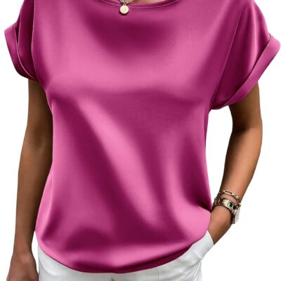 HOTOUCH Women's Short Sleeve Pullover Blouses Satin Silk Shirts Casual Loose Work Tunic Tops