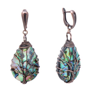 Bronze Copper Wired Sea Abalone Shell Tree of Life Earrings for Women, Vintage Latch Backs