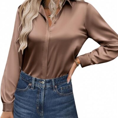 Zeagoo Satin Blouses for Women Casual Long Sleeve Button Down Silk Shirts Dressy Business Work Tunic Top