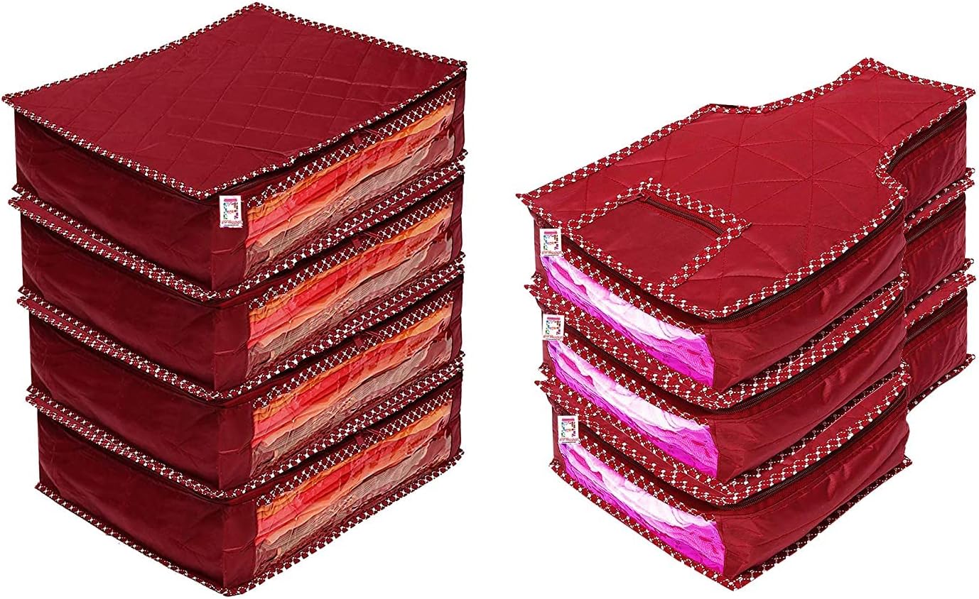 Fabric Saree and Blouse Covers Garments Clothes Storage Bag Wardrobe Organizers With Double Zip Lock Set of 7 For Lehenga Dress Accessories Maroon