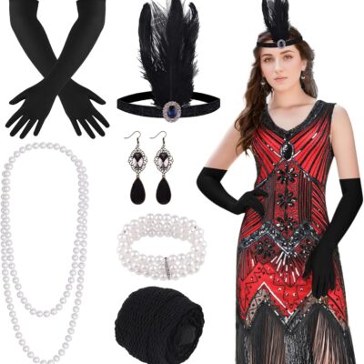 FEPITO 1920s Flapper Dresses for Women, Fringed Sequin Great Gatsby Dress for Women with 20s Accessories, Roaring 20s Costume