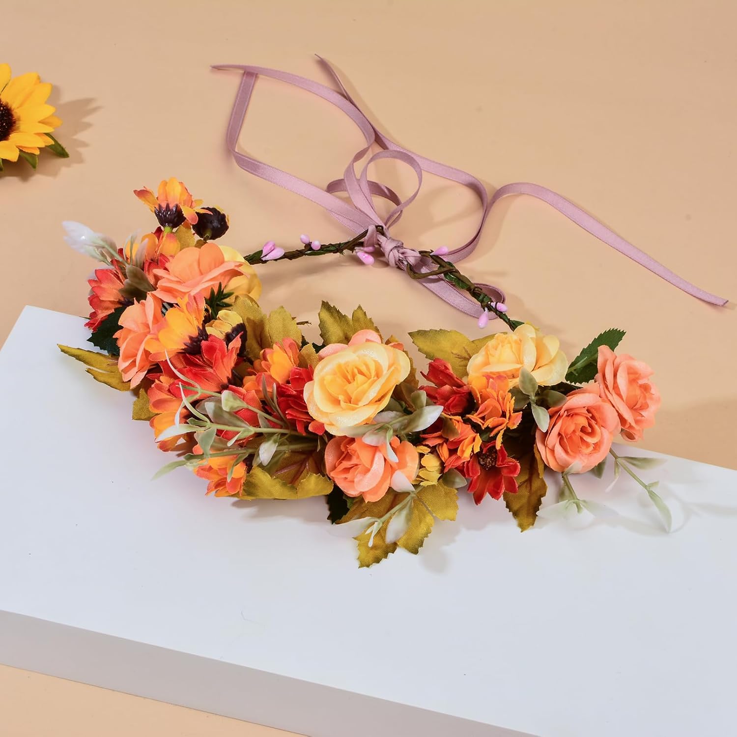 DDazzling Green Leaf Floral Crown Eucalyptus Flower Women Girls Headband Flower Headpiece Bridal Halo Photo Prop (Yellow Orange Green) - Image 3
