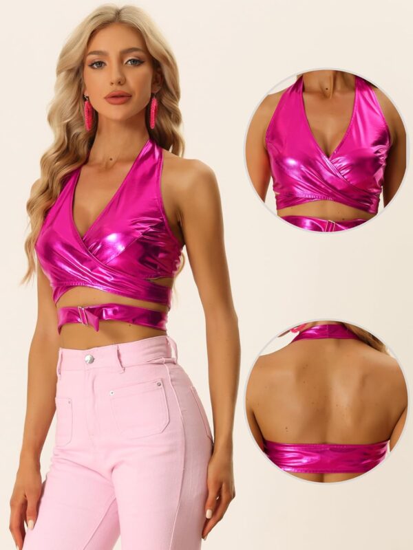 Allegra K Metallic Halter Neck Top for Women's Deep V Neck Backless Holographic Crop Tops - Image 2