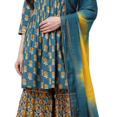 Women's Mor Peach Pure Cotton Flared Kurta with Sharara and Dupatta