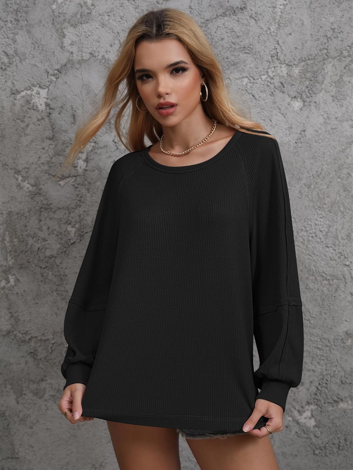Womens Waffle Tunic Tops Puff Long Sleeve Shirt Loose Fit Casual Pullover Sweatshirt - Image 6
