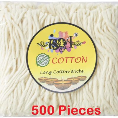 IS4A 500 Pcs Handmade Long Cotton Wicks for Puja Pooja Jyot Batti for Oil Lamp Diya for Diwali Deepawali Diya, Ideal for Brass, Kuber Clay Diya for Home Mandir Temple Clay Diyas