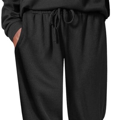 Ekouaer Pajamas Women's Waffle Knit Sleepwear Long Sleeve Top with Pants Casual Pjs Loungewear Set S-XXL
