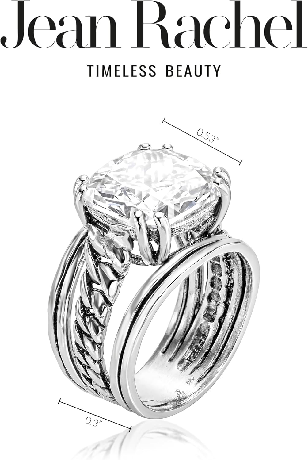 JEAN RACHEL JEWELRY 925 Sterling Silver Statement Ring with Cushion Shaped Cubic Zirconia - Curb Chain Vintage Design - Hypoallergenic Nickel & Lead-free - Artisan Handcrafted Designer Collection - Image 6
