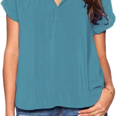 LILBETTER Women Chiffon Blouse V Neck Short Sleeve Top Shirts