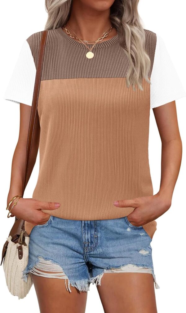 Zeagoo Womens Casual Shirts Color Block Tops Short Sleeve T Shirts Crewneck Knitted Summer Loose Blouses Tops - Image 4