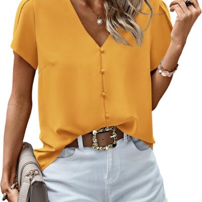 PRETTYGARDEN Short Sleeve Blouses for Women 2025 Summer Western Chiffon Shirts Dressy Casual Pearl Tops